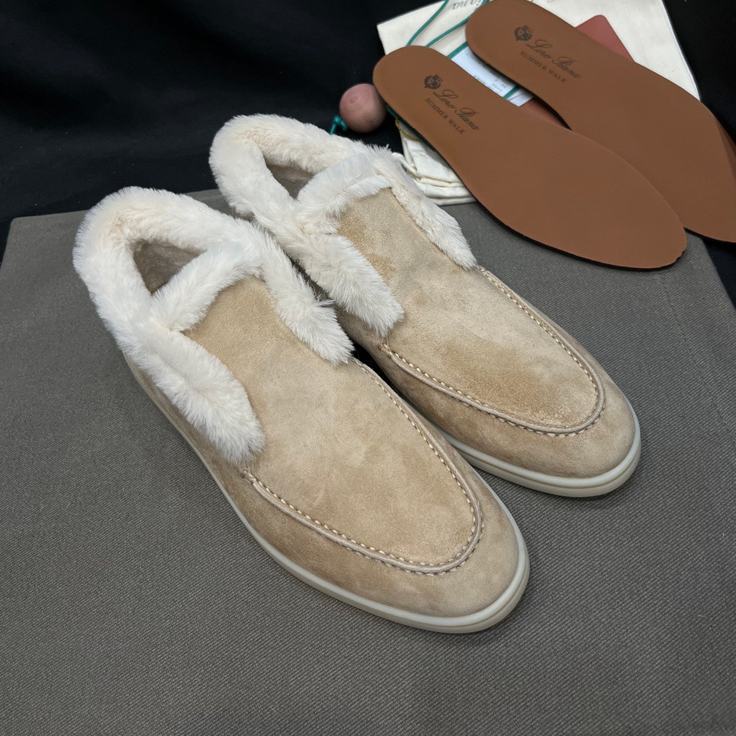 Loro Piana Women's Open Walk Ankle Boots Fall/Winter Beaver Fur High-Top Shoes Solid-Color Casual Low-Top Flats Shoes #81599