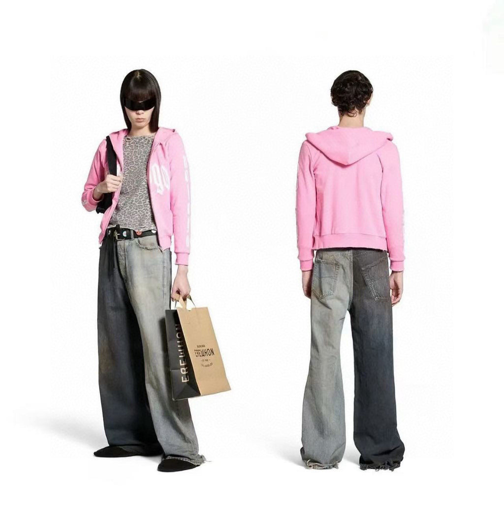 Balenciaga Men's Women's Colorblocking Denim Patchwork Old Damage Casual Loose Straight Leg Lace-Up Pants Ngvp #1818
