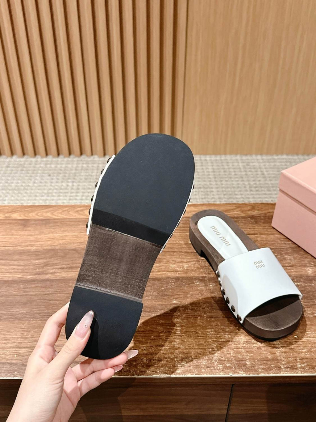 MiuMiu Women's Summer Fashion Casual Round Toe Slip On Suede Leather Wooden Sole Sandals Shoes #78432