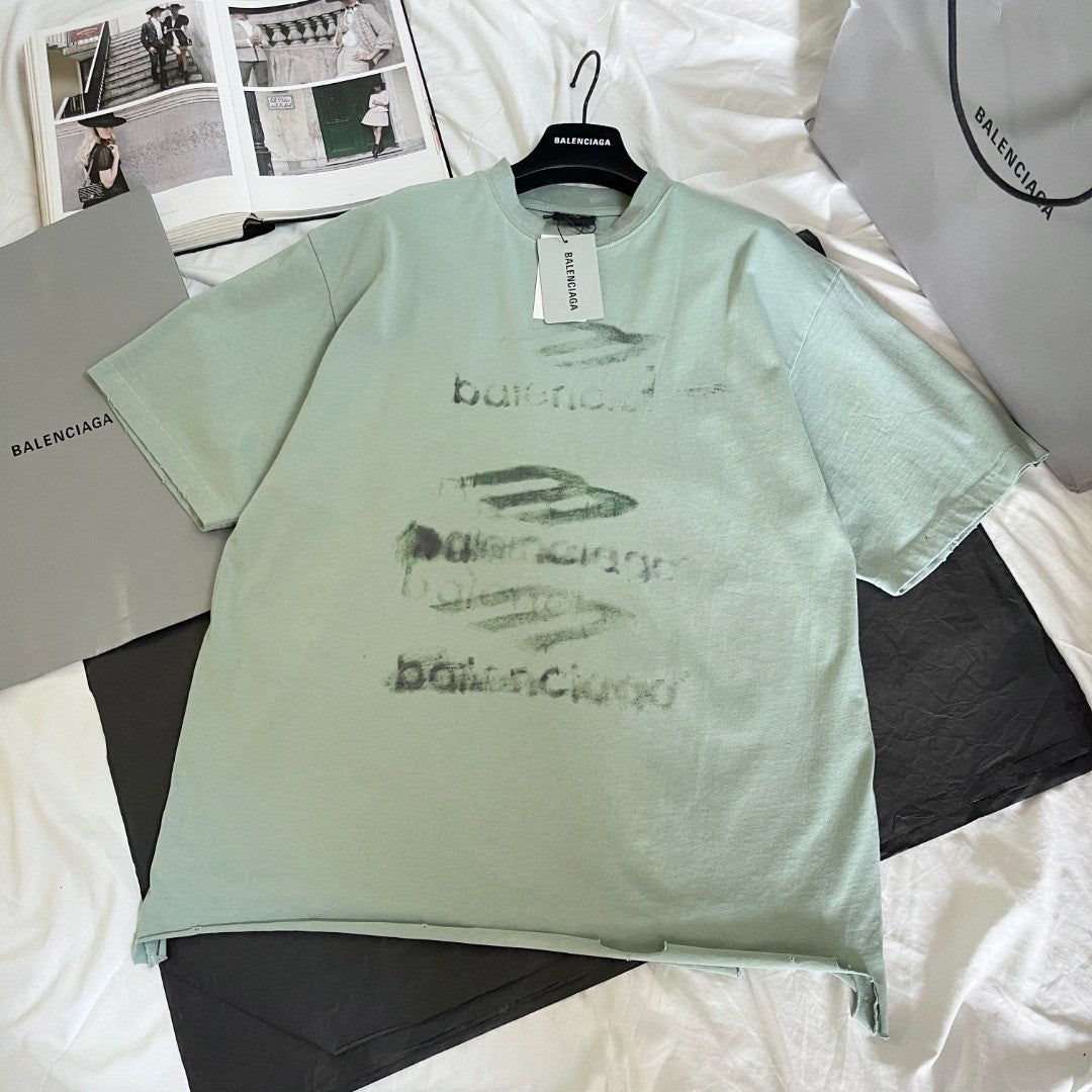 Balenciaga Women's And Men's Summer Solid Color Cotton Graffiti Printed Brushed Regular Fit Round Neck Short Sleeve T-Shirt #75925