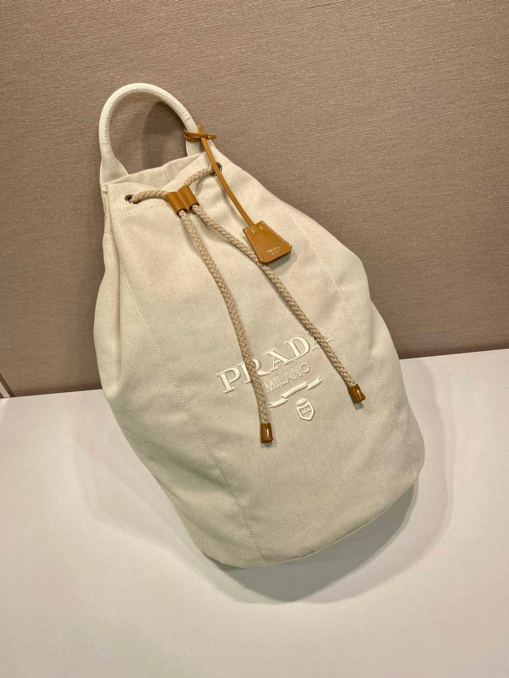 Prada Linen-blend Canvas Drawstring Travel Bag For Men Autumn/winter Fashion Trend Large Capacity Stylish Backpack Bags  2VY011_2CYA_F0216_V_OOO #81994A
