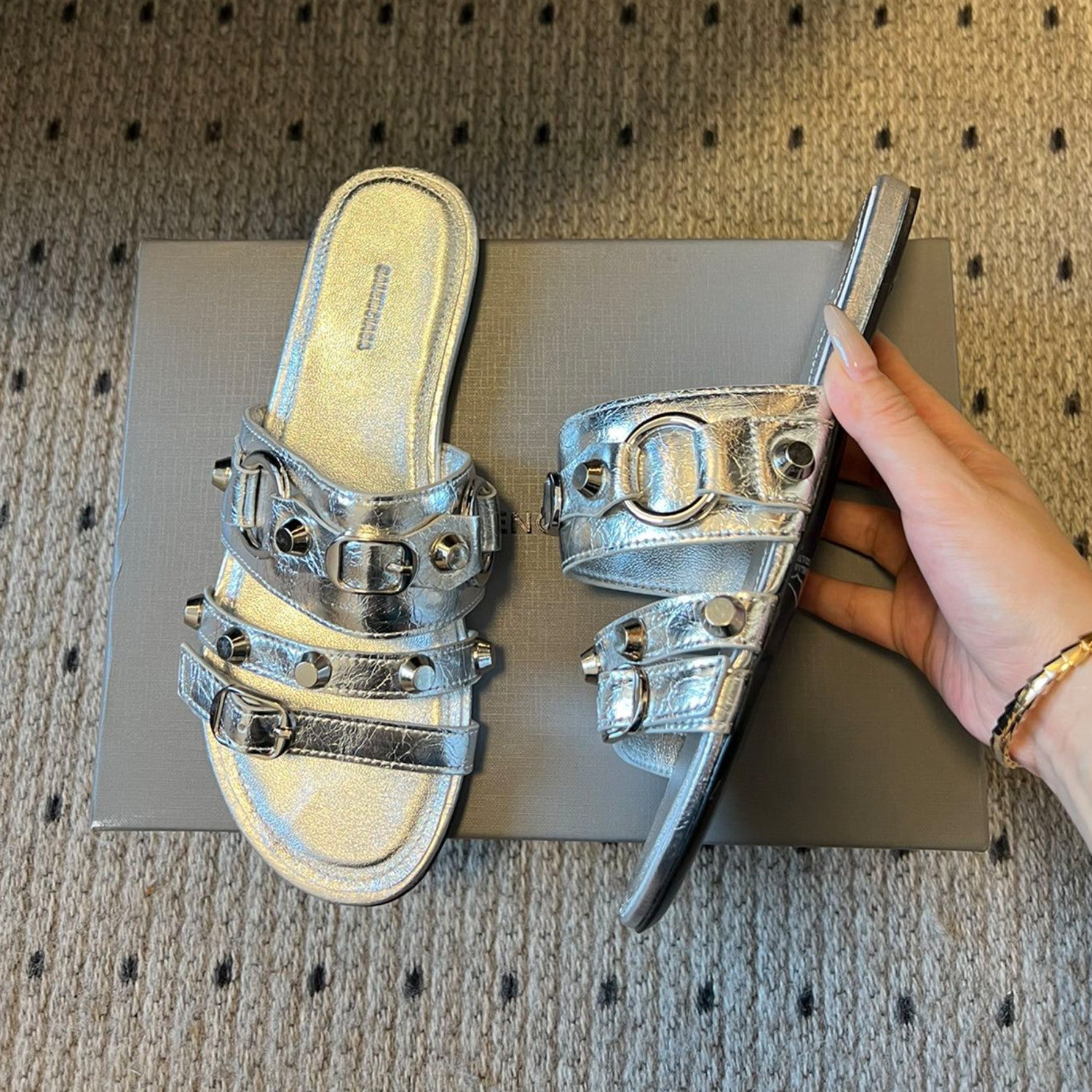 Balenciaga Women's Spring And Summer Fashion Rivets Belt Buckle Round Head Flat Slippers Punk Style Cowhide Sandals Leather  Shoes Ngvp #1595