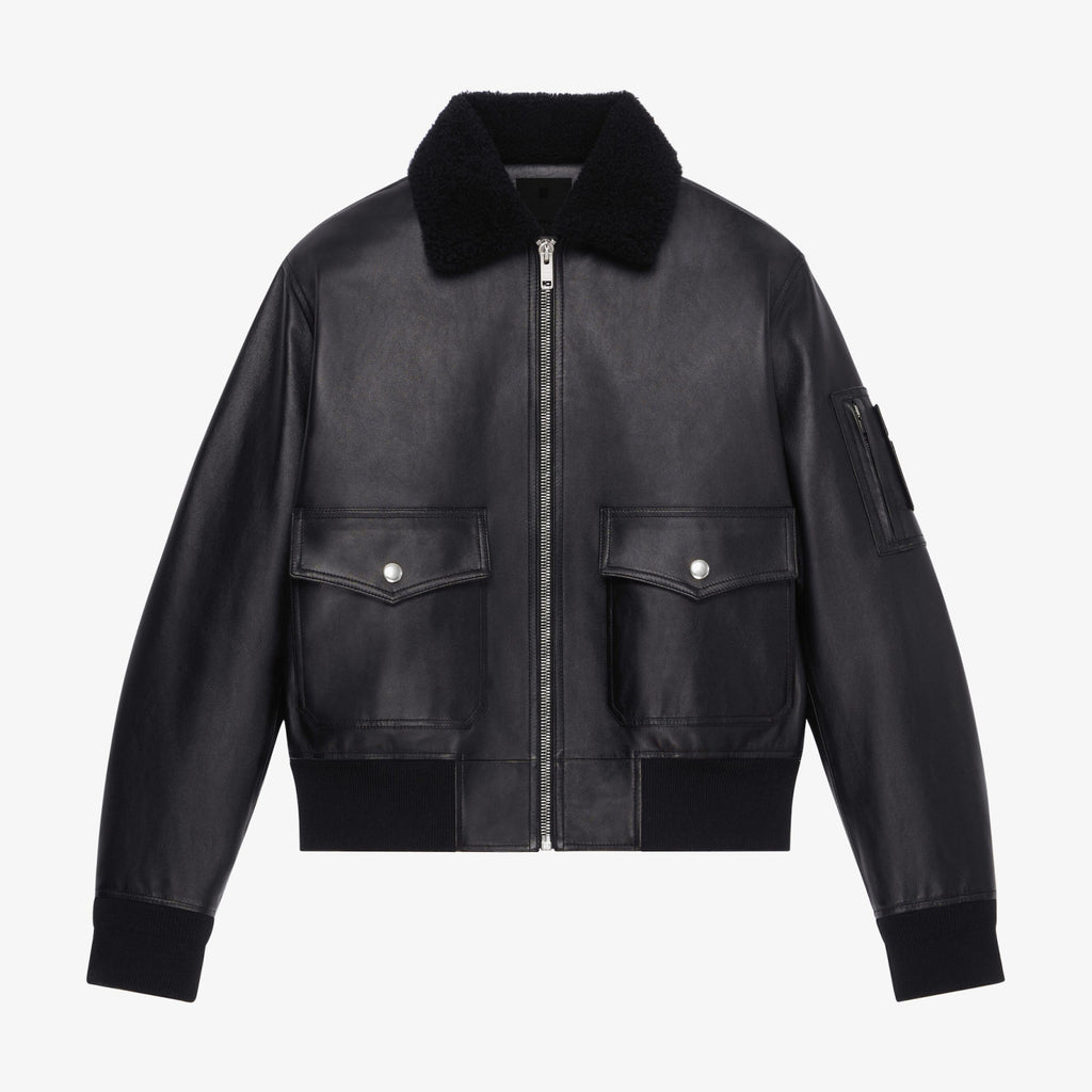 Givenchy Men's Winter Black Lamb Fur Collar Lapel Lambskin Leather Zipper Jacket #98473