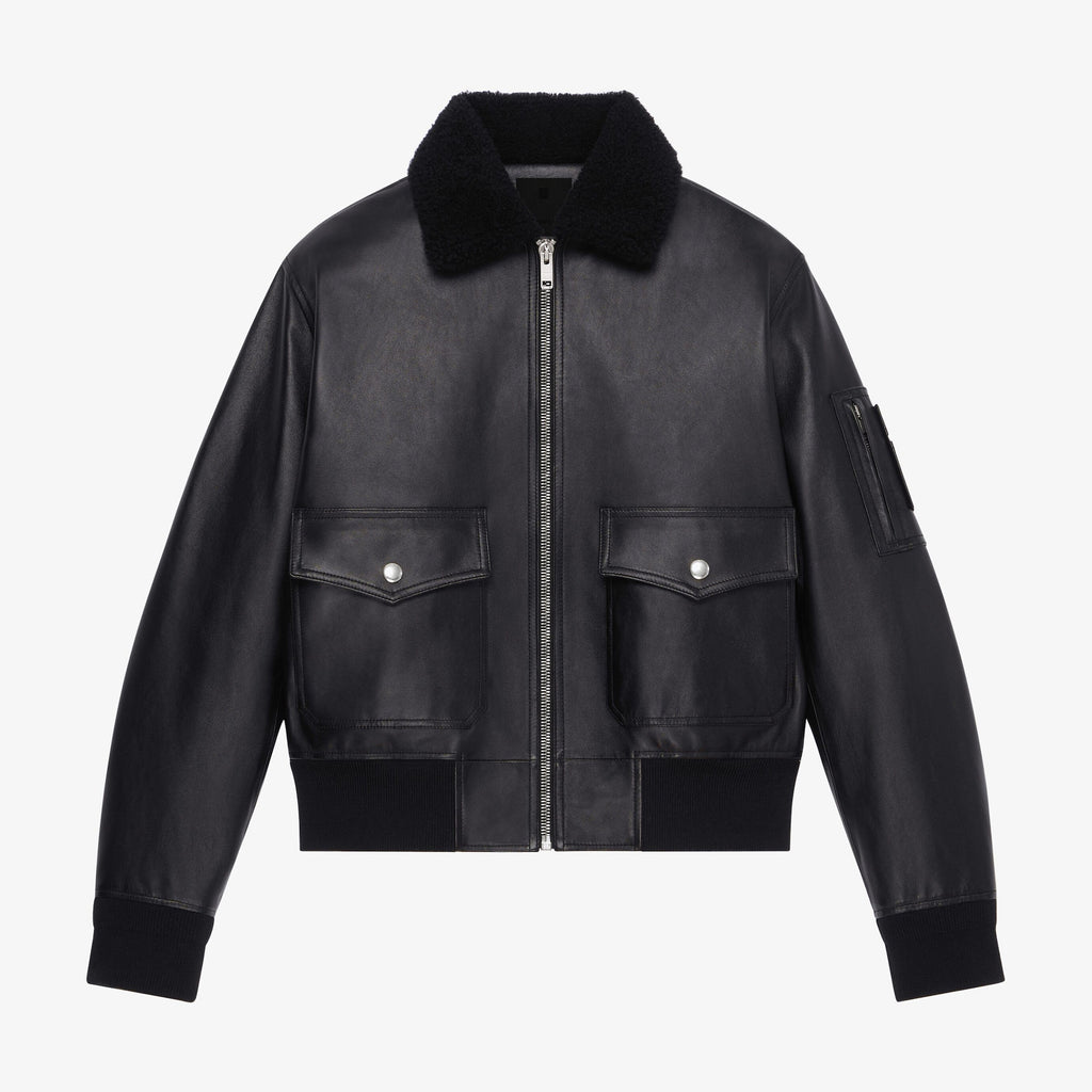 Givenchy Men's Winter Black Lamb Fur Collar Lapel Lambskin Leather Zipper Jacket #98473