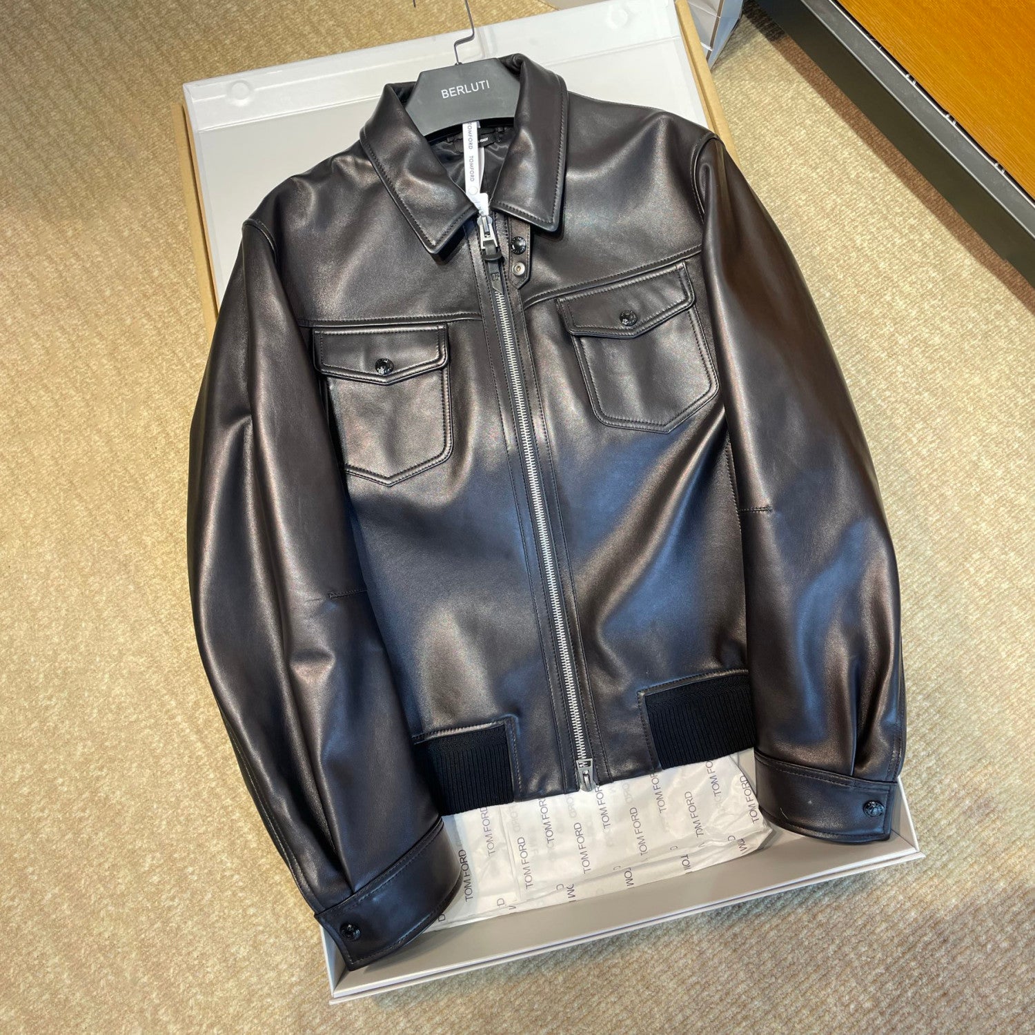 Tom Ford Men's Fall/Winter Fashion Casual Solid Color Collared Zipper Leather Motorcycle Jacket #79165