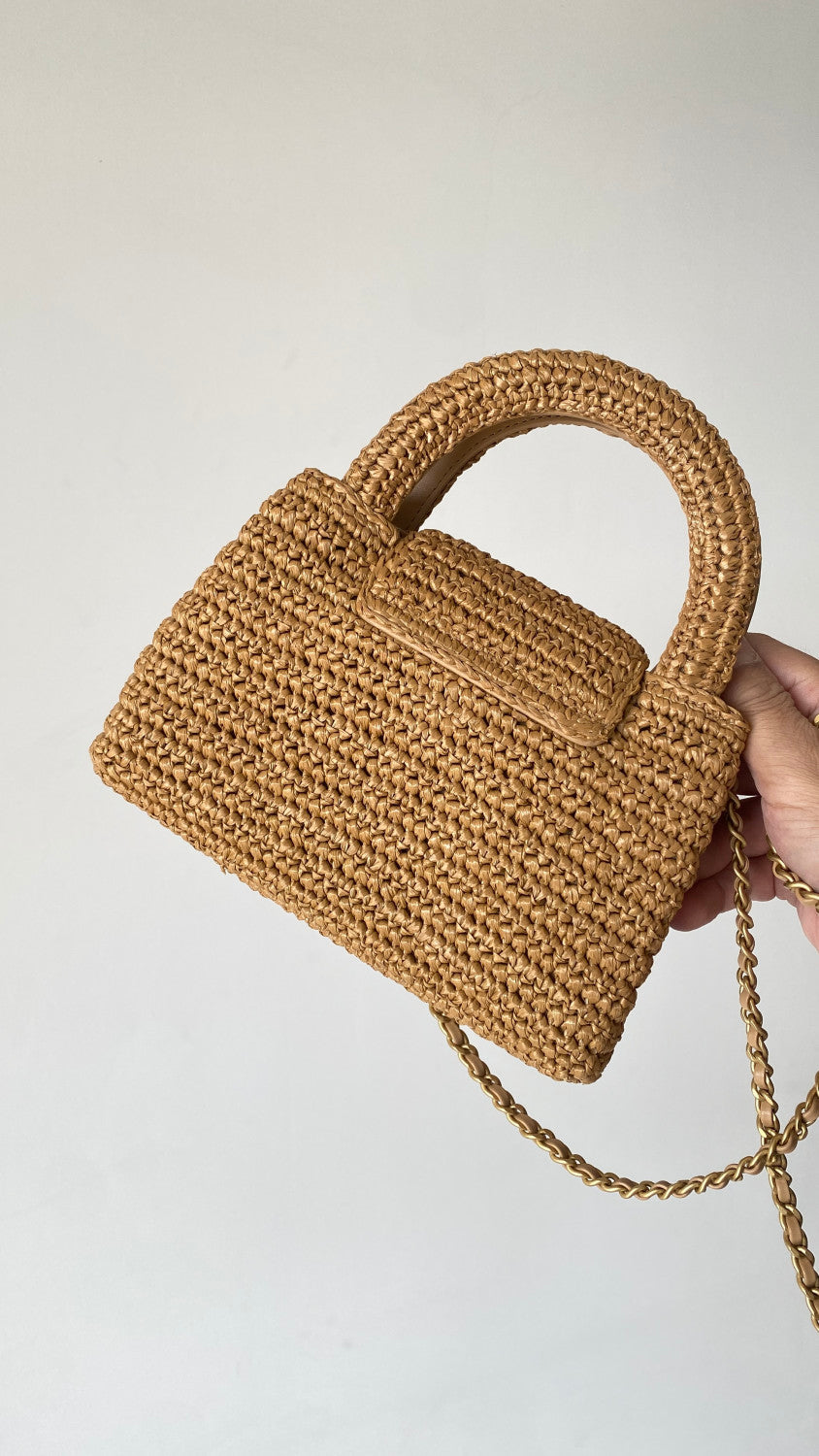 Chanel Mini Shopping Bag Braided Raffia Gold Tone Metal Dark Beige #335258
