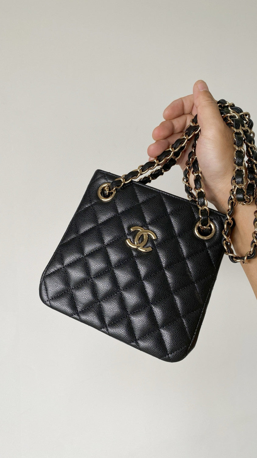 Chanel Mini Tote Diamond Double C Lychee Grain Cowhide Black Gold Double Chain Bucket Mini Tote Crossbody Bag Bags As3176 #76835