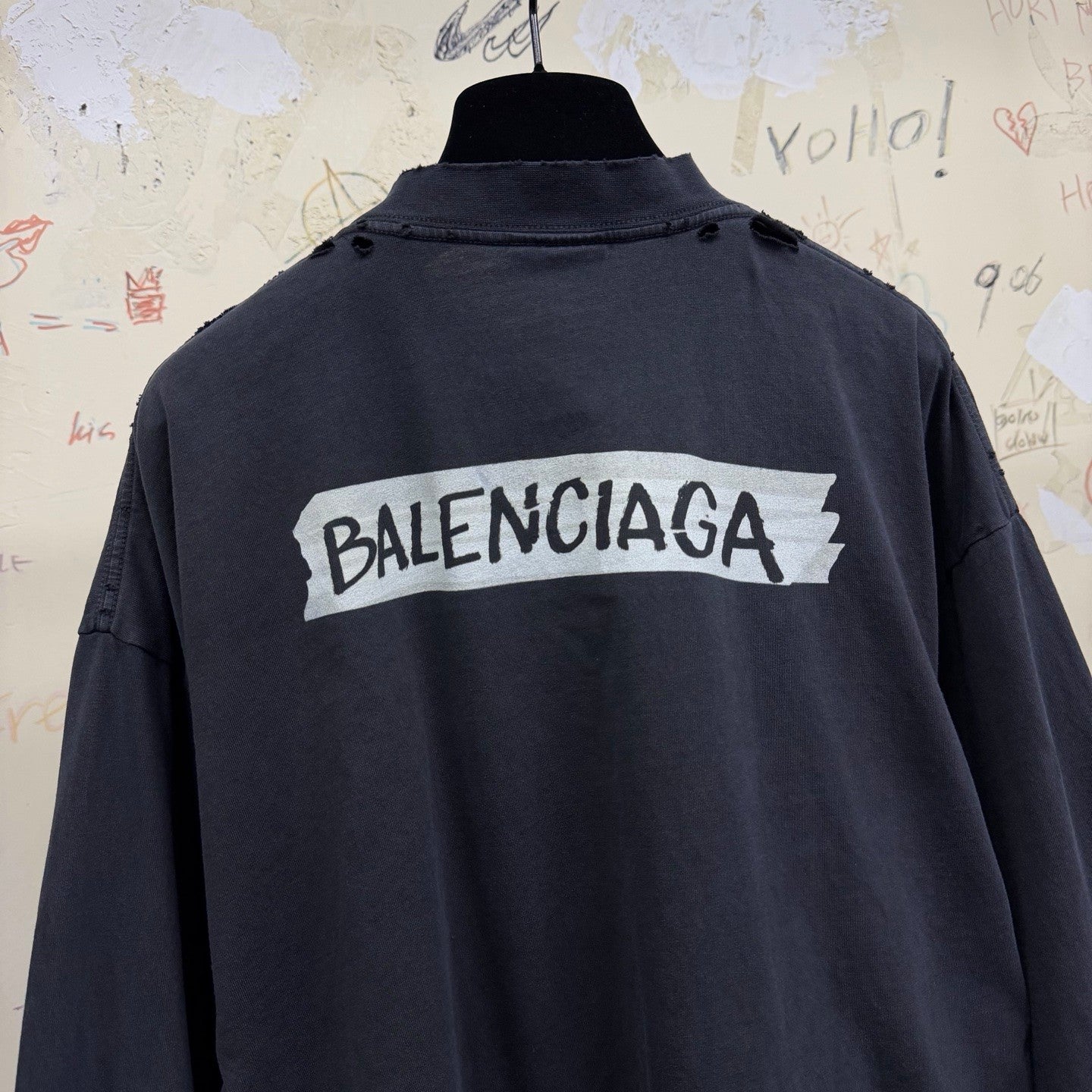 Balenciaga Top-quality Version Men's Masking Tape Long Sleeve T-shirt Large Fit in Faded Black #336737