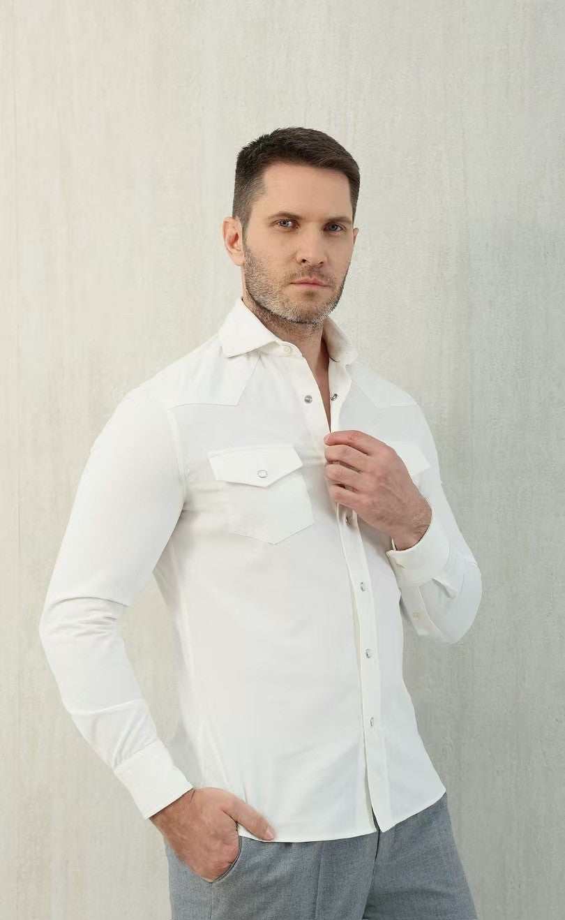 Brunello Cucinelli Men's Spring And Fall Cotton Lapel Solid Color Single-Breasted Chest Pocket Long Sleeve Fitted Shirt Ngvp #1557
