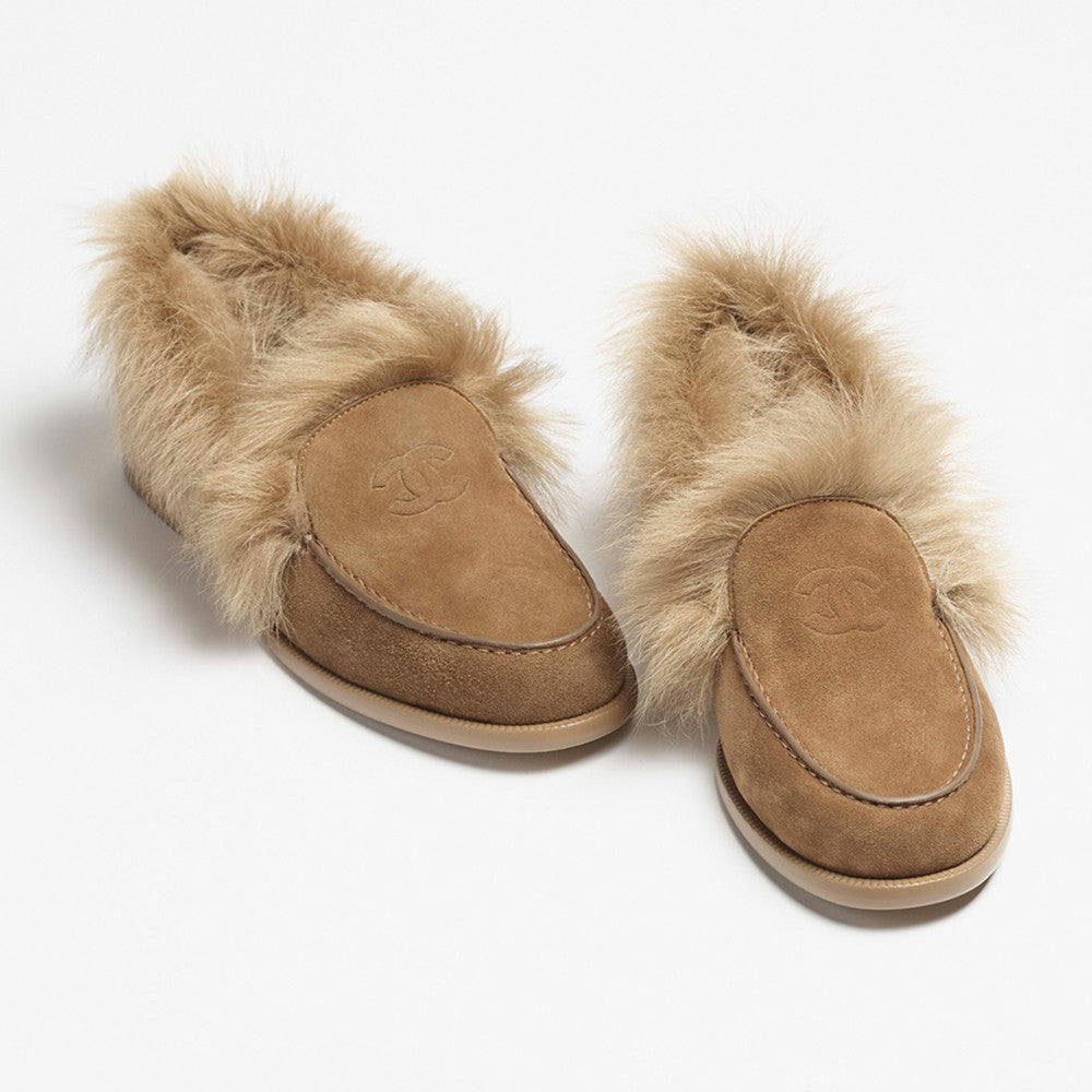 Chanel Moccasins Suede Kidskin Shearling Lambskin Brown #334371