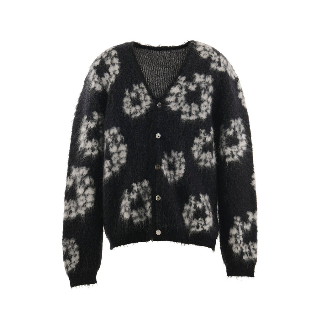 Denim Tears X Saint Michael Men's Vintage Black And White Kapok Wool Knit Sweater Fashion Casual Mohair Cardigan Single Breasted Knitted Jacket Ngvp #9824