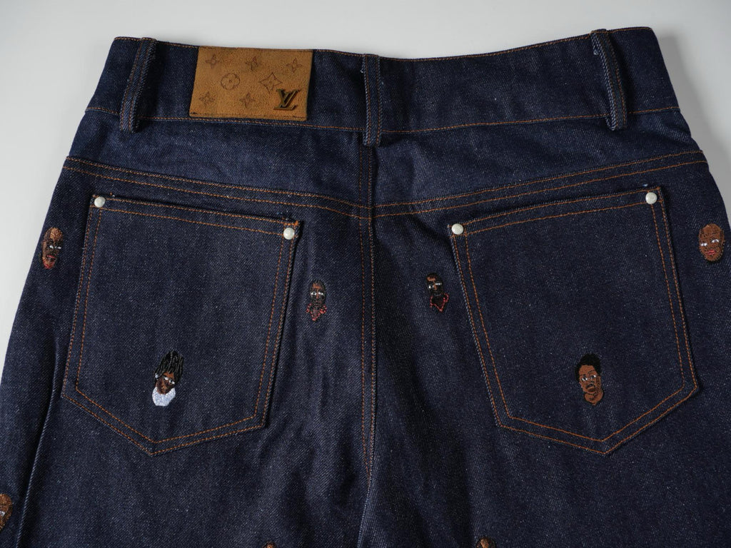Louis Vuitton Men's Spring And Fall Dark Blue Monogrammed Embroidered Single-breasted Button Lapel Loose Casual Denim Long-sleeved Jacket Flared Jeans Pants Set Suit #73275