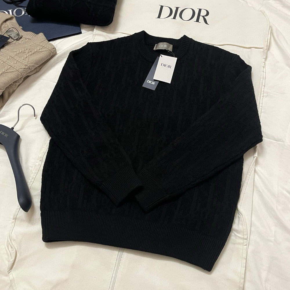 Dior Men's Spring and Autumn Solid Color Printed Ribbed Crew Neck Knit Sweater #75184