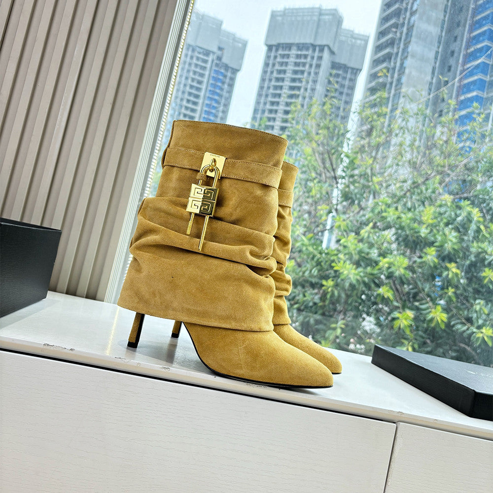 Givenchy Women's New Style Cavalier Boots Glossy Leather Boots Leather Strap Metal Buckle Asymmetric 4G LOGO Metal Padlock #333020