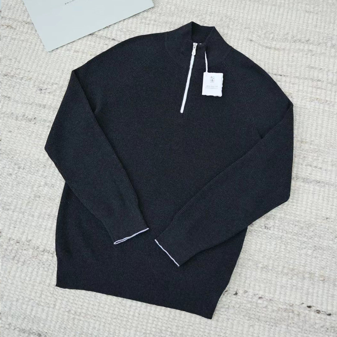 Brunello Cucinelli Men's British-Style Ribbed Cotton Knit Sweater Spring/Fall/Winter Half-Zip High-Neck Solid-Color Long-Sleeve Sweater Ngvp #2525