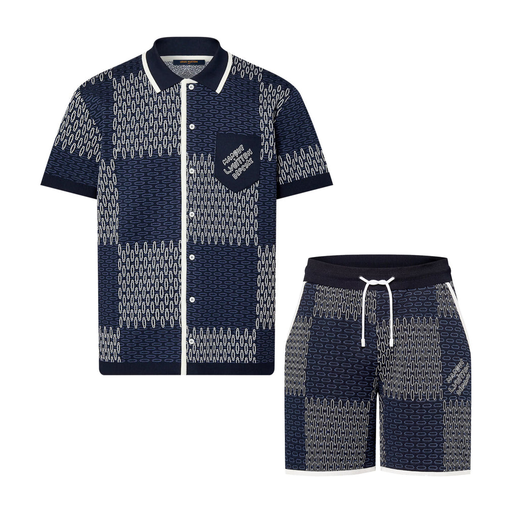 Louis Vuitton Men's Spring And Summer Letter Jacquard Knit Single Breasted Short Sleeved Shirt Drawstring Casual Shorts Suit Set #73114