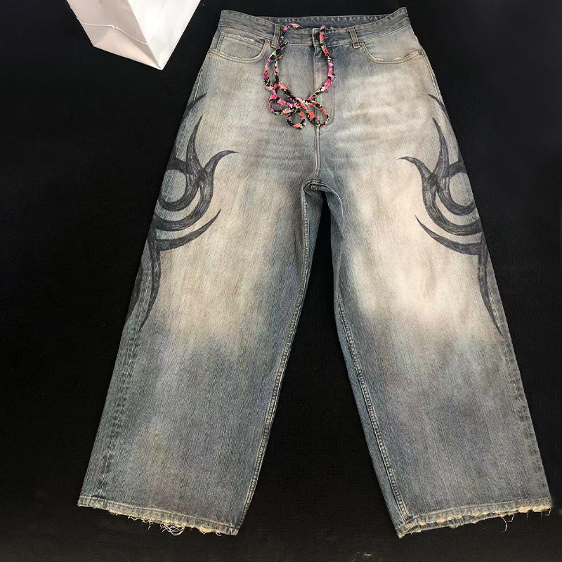 Men's Four Seasons Pattern Printed Solid Color Loose Cotton Jeans Autonomous Label-Free Casual Pants Ngvp #9921