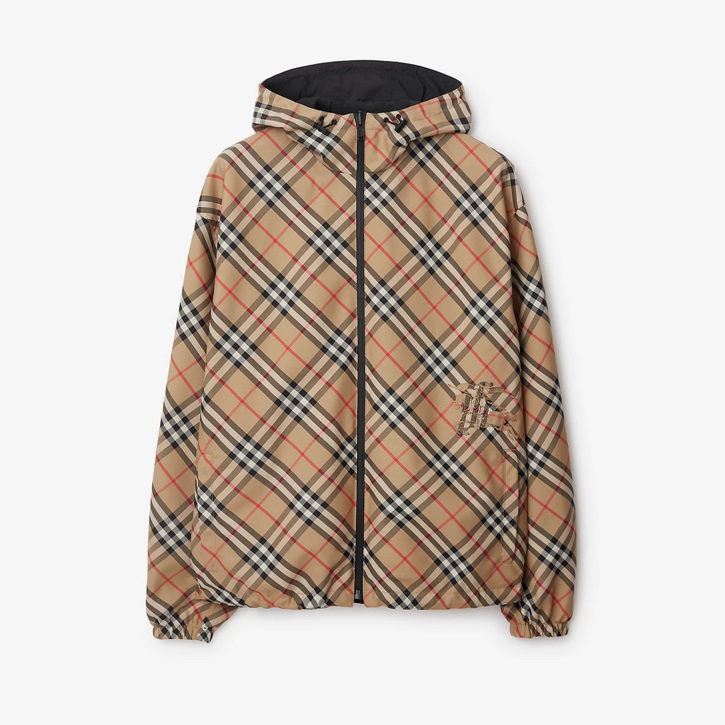 Burberry Men's Spring & Autumn Reversible Two Wear Plaid Jacket Equestrian Rider Logo Classic Drawstring Hooded Jacket #81224