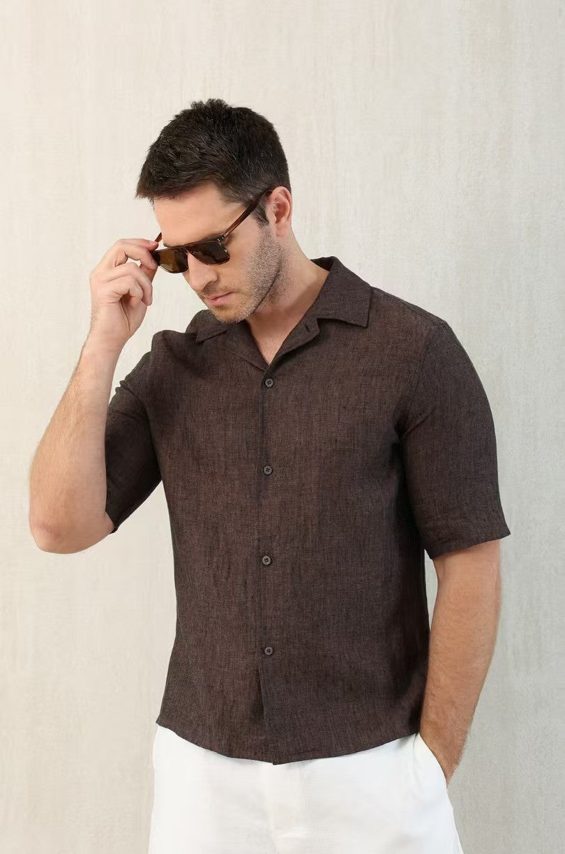 Brunello Cucinelli Men's Linen Loose Summer Single-Breasted Solid Color Lapel Short Sleeve Shirt Ngvp #1454