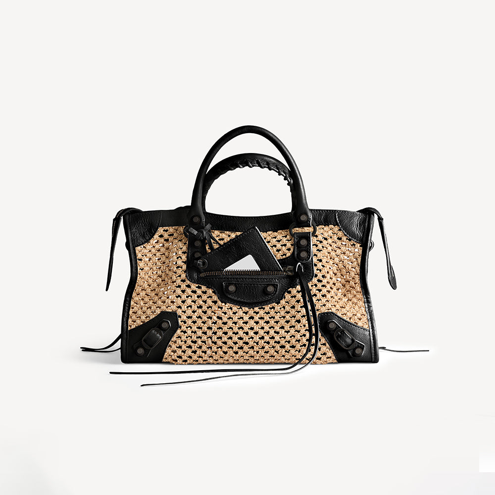 Balenciaga Le City Raffia-effect Fabric Small Handbag Black And White Fashionable Classic Handbag And Crossbody Bag Bags #84325A