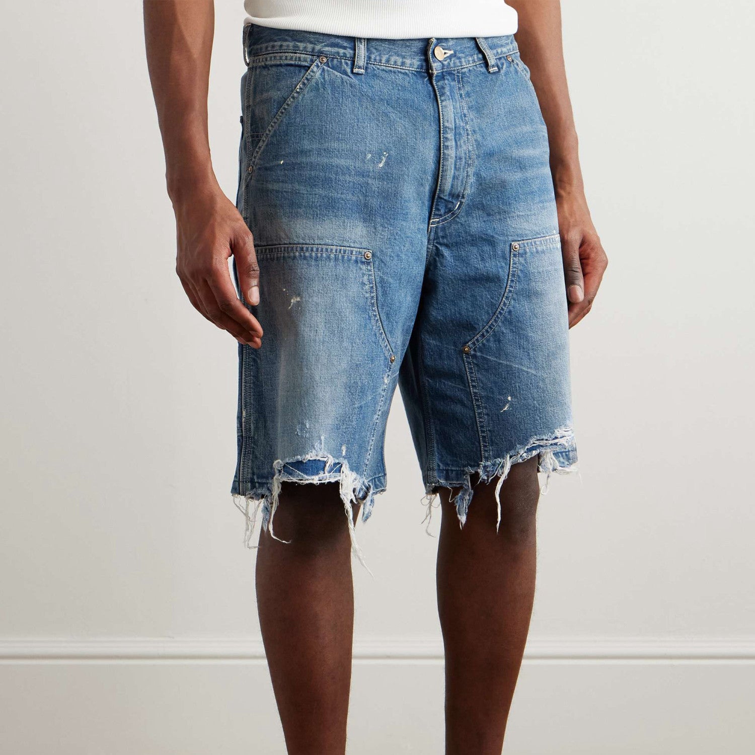 Saint Michael Men's And Women's Summer Distressed Vintage Loose-Fit Denim Shorts Solid Color Straight Leg Splash Print Hem Ripped Shorts Ngvp #2275