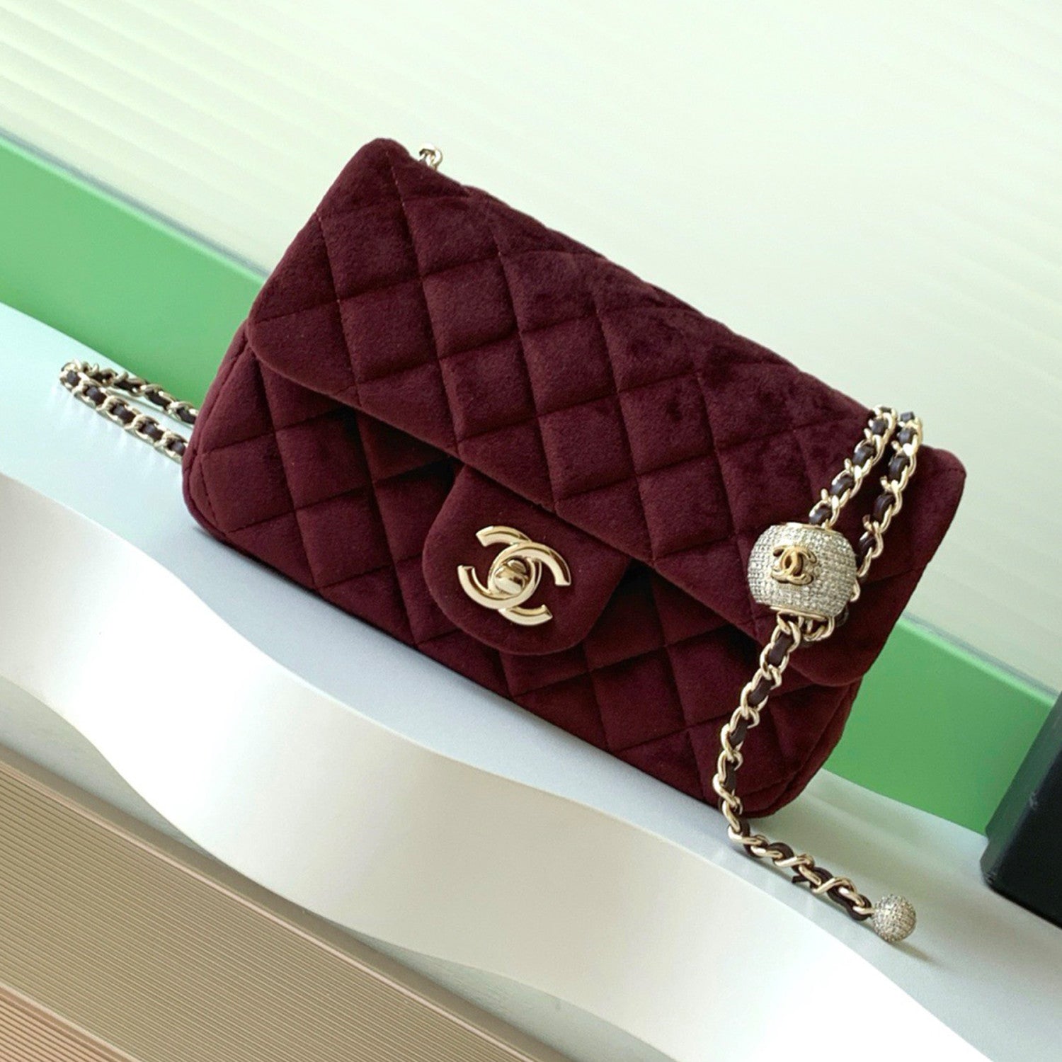 Chanel 25a Diamond Ball CF Velvet Clutch Women's Fashionable Exquisite Mini Crossbody Chain-Strap Flap Bag #193617
