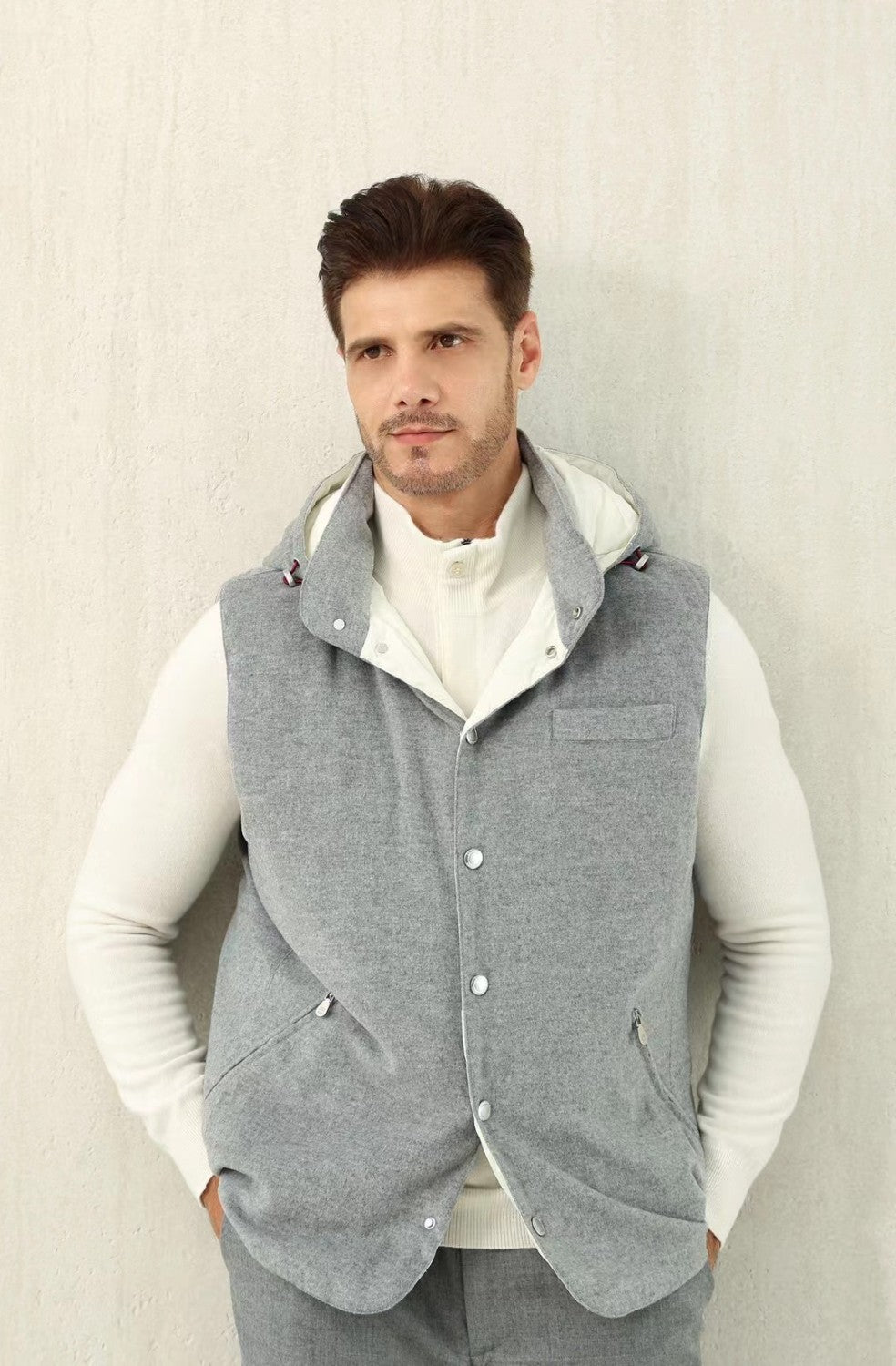 Brunello Cucinelli Men's Spring/Autumn Detachable Hooded Solid Color Single-Breasted Bonded Wool Flannel Down Vest Ngvp #2293