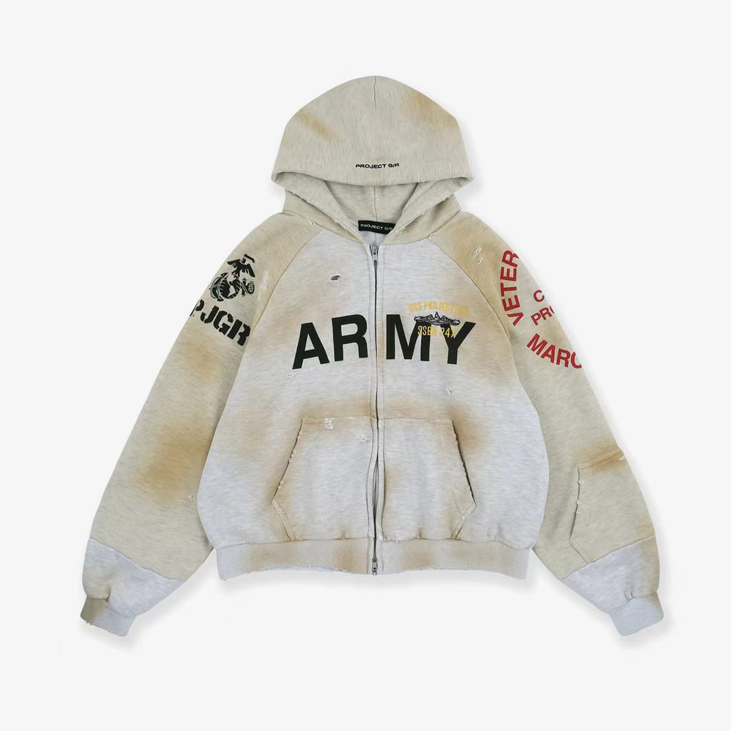 GRAILZ Men's Women's Autumn And Winter Letter Printed Cotton Solid Color Zipper Doing Old Loose Hooded Sweatshirt Ngvp #1911