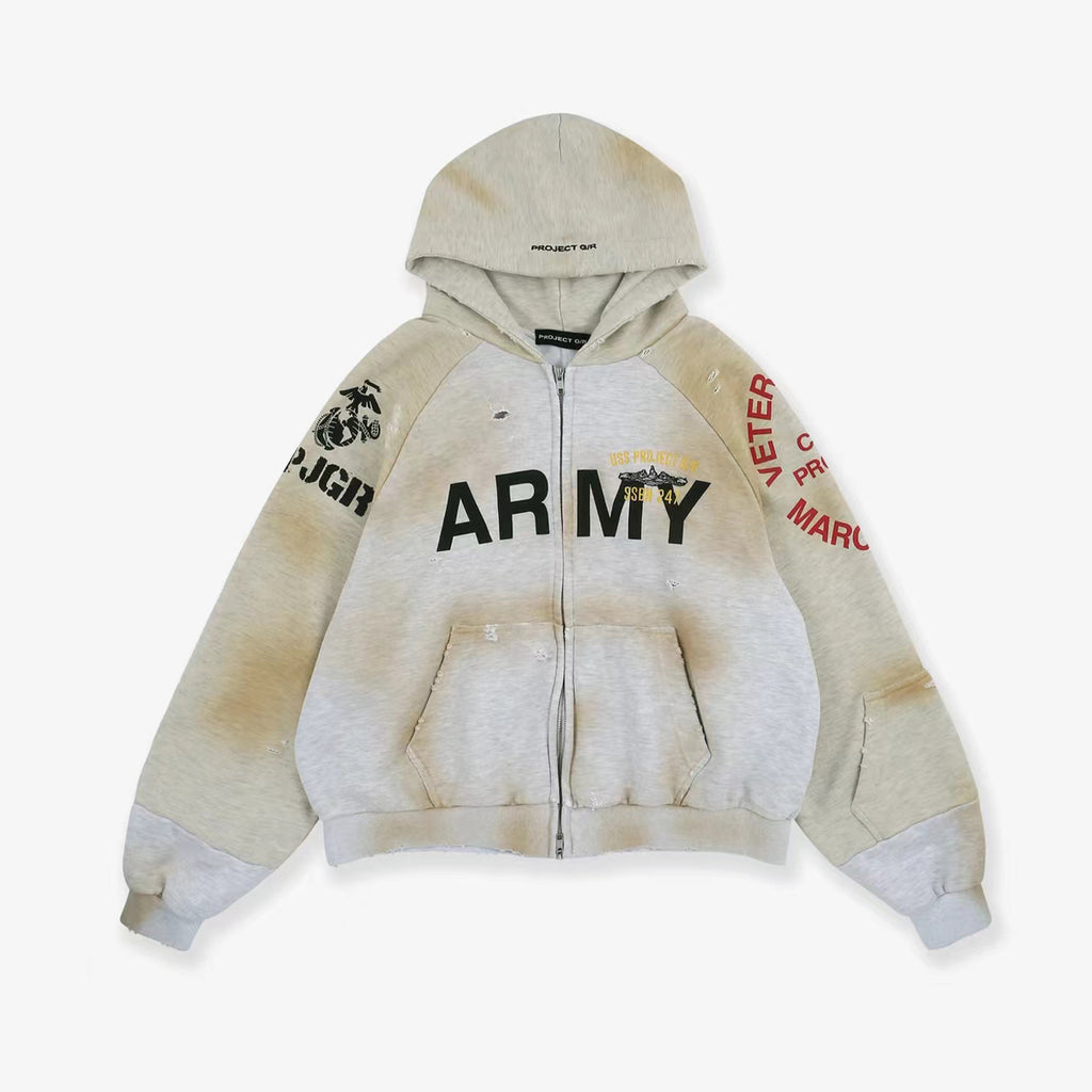 GRAILZ Men's Women's Autumn And Winter Letter Printed Cotton Solid Color Zipper Doing Old Loose Hooded Sweatshirt Ngvp #1911