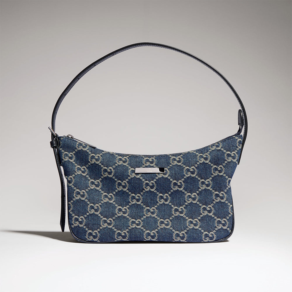 Gucci Lady Lunetta Collection Small Shoulder Bag Deep Blue Gg Denim Sand Brown And Dark Brown Classic Elegant And Stylish Shoulder Bag Bags 874743FAF7X2543 #84293A
