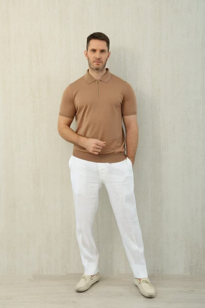 Loro Piana Men's Summer Solid Color Half Zip Straight Short Sleeve Polo Shirt Ngvp #1555