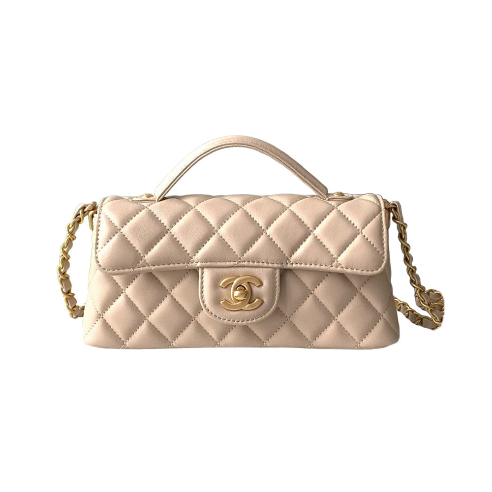 Chanel Women's Horizontal Trumpet Apricot Kelly Bag Lambskin Apricot Antique Gold Buckle Shoulder Crossbody Handbag #332359