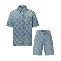 Louis Vuitton Men's Summer Blue Logo Printed Lapel Single Breasted Denim Short Sleeve Shirt Straight Jeans Shorts Set Suit #76984