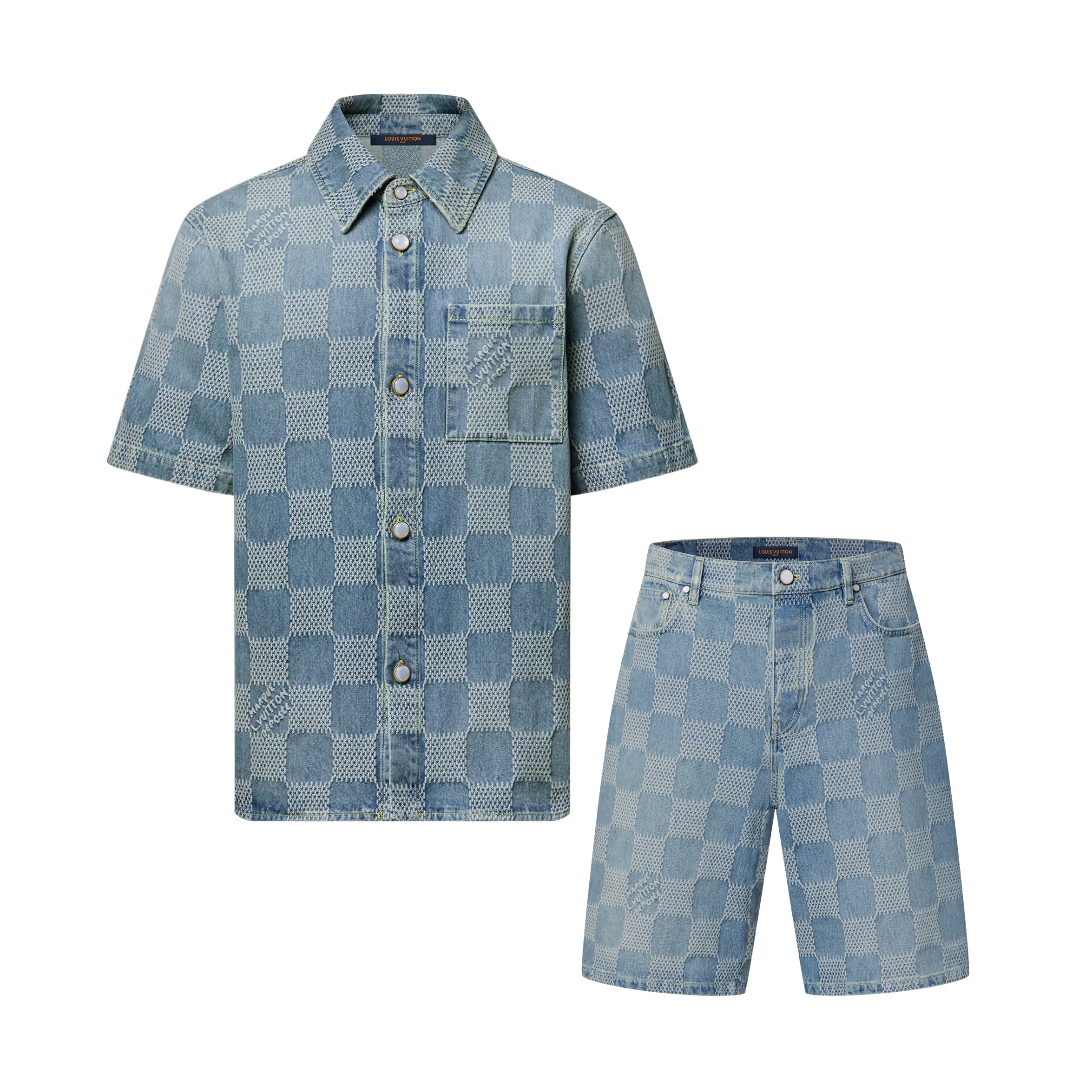 Louis Vuitton Men's Summer Blue Logo Printed Lapel Single Breasted Denim Short Sleeve Shirt Straight Jeans Shorts Set Suit #76984