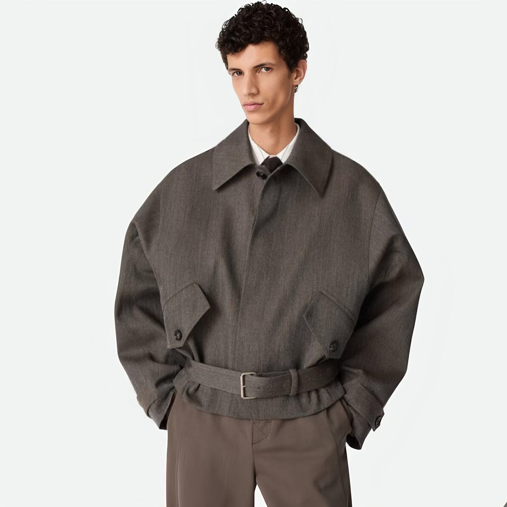 Bottega Veneta Men's Autumn/winter Wool Twill Jacket Fashionable Casual Single-breasted Lapel Short Jacket With Belt Ngvp #2616