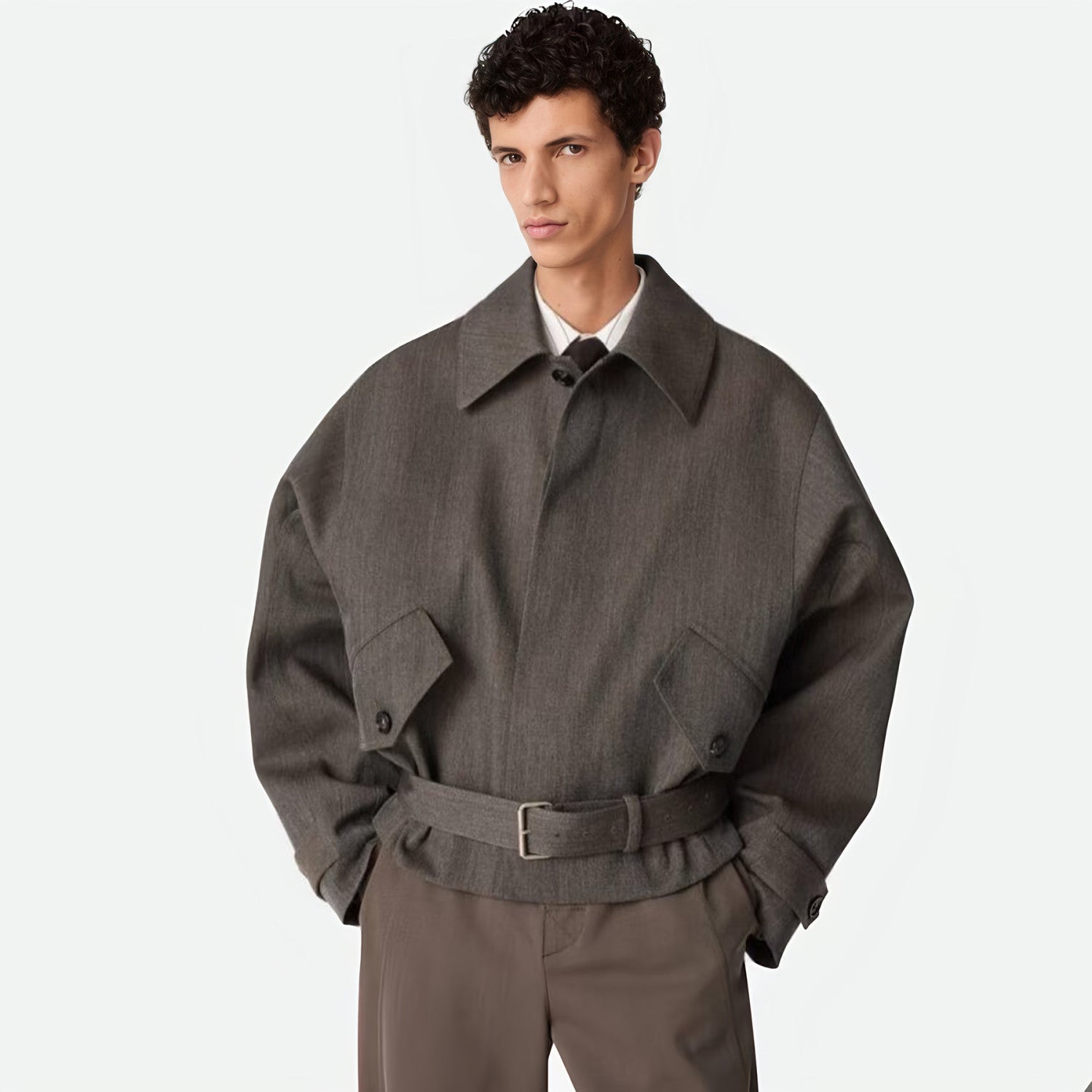Bottega Veneta Men's Autumn/winter Wool Twill Jacket Fashionable Casual Single-breasted Lapel Short Jacket With Belt Ngvp #2616