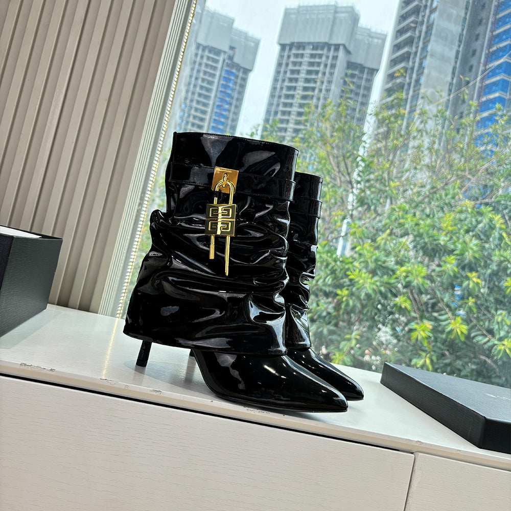 Givenchy Women's New Style Cavalier Boots Glossy Leather Boots Leather Strap Metal Buckle Asymmetric 4G LOGO Metal Padlock #333020