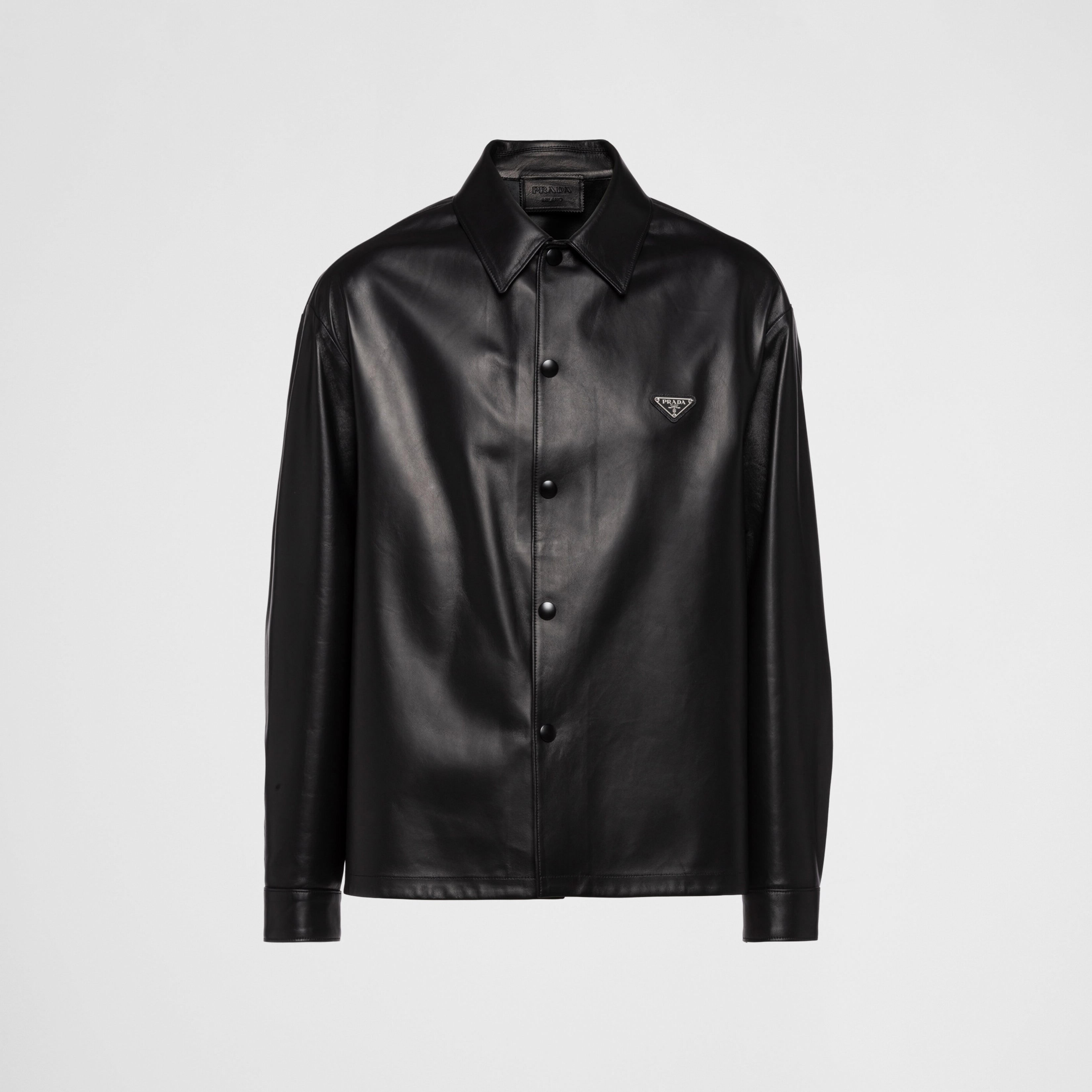 Prada Men's Fall/Winter Fashion Casual Solid Color Lapel Single Breasted Leather Jacket With Logo Triangle Emblem Jacket #79343