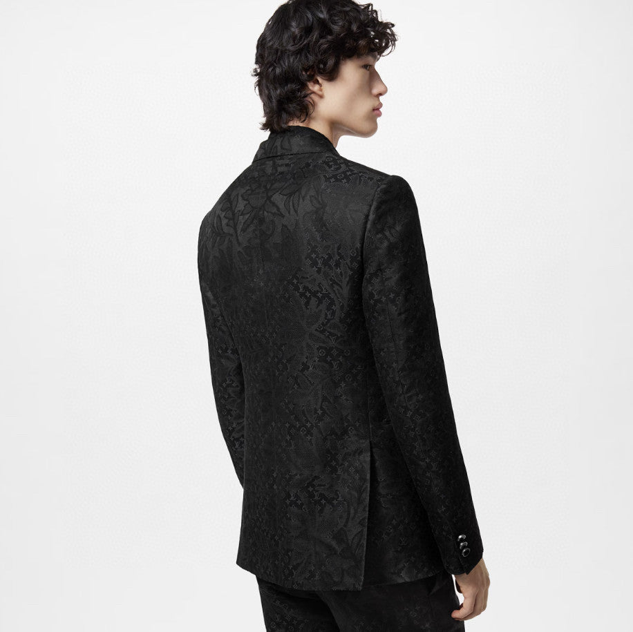 Louis Vuitton Men's Black Full Logo Printed Single Breasted Cotton Long Sleeve Jacket Coat Blazer Pants Suit Set #98784