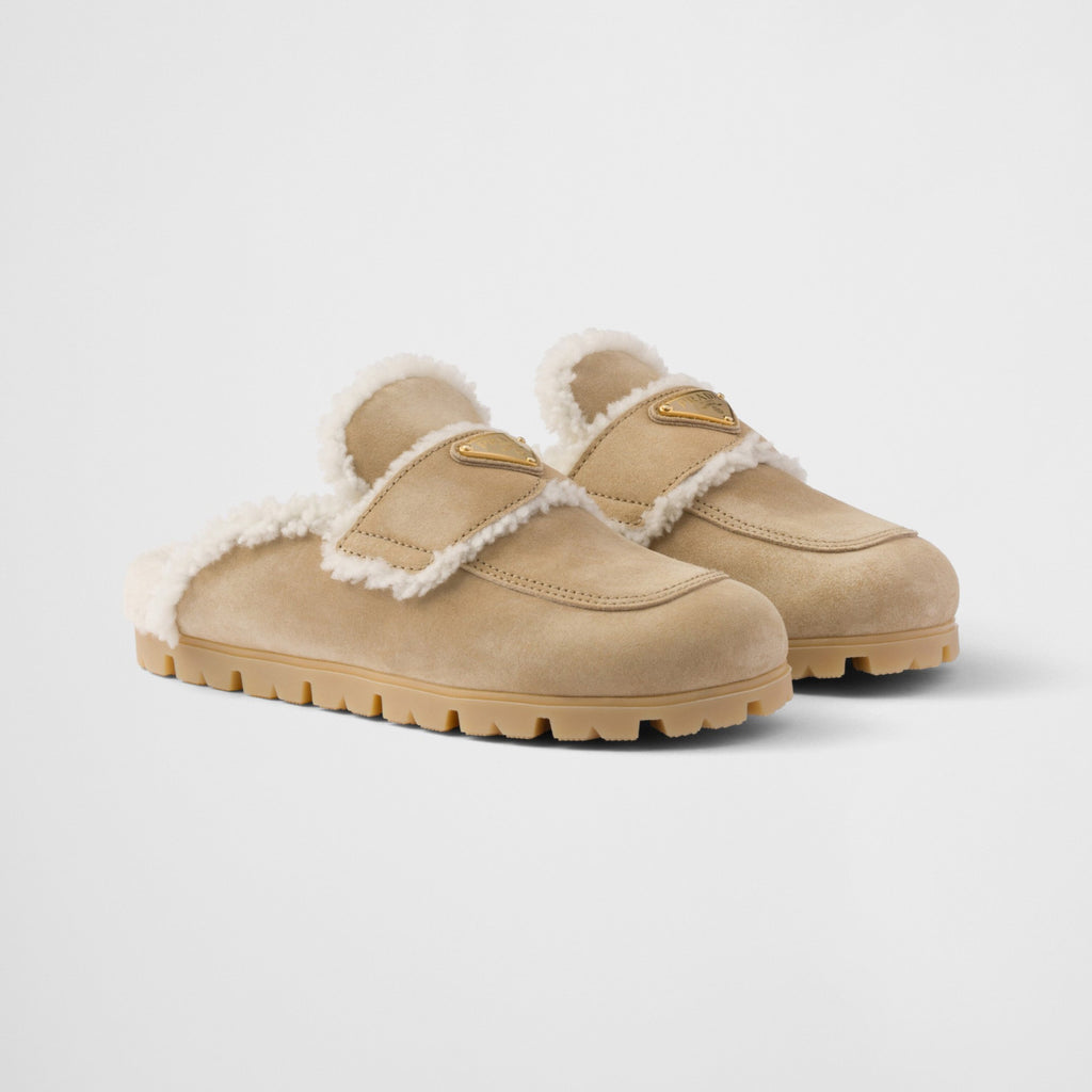 Prada Women's Fall/winter Casual Round Toe Slip On Fleece Lined Triangular Logo Birkenstock Style Slippers Shoes #79271