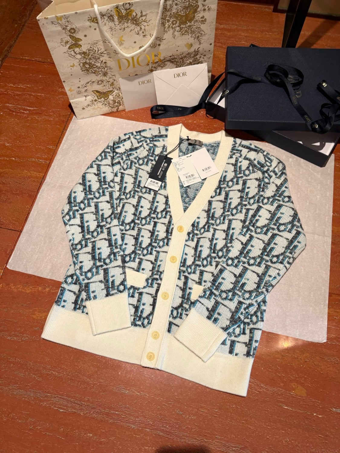 Dior Men's And Women's Spring/summer Fashion Casual Sheep Wool Jacquard Fabric Oblique Print Single Breasted V-neck Long Sleeved Sweater Knitted Cardigan #78296