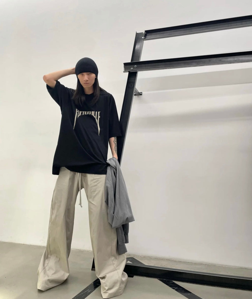 Rick Owens Men's Summer Embroidered Logo Round Neck Cotton Loose Black Short Sleeve T-Shirt Ngvp #9377