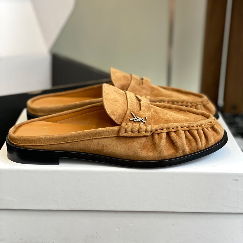 Saint Laurent LE LOAFER Women's Fashion Casual Round Toe Slip On Half Slip On Logo Leather Loafer Mule Shoes #78444