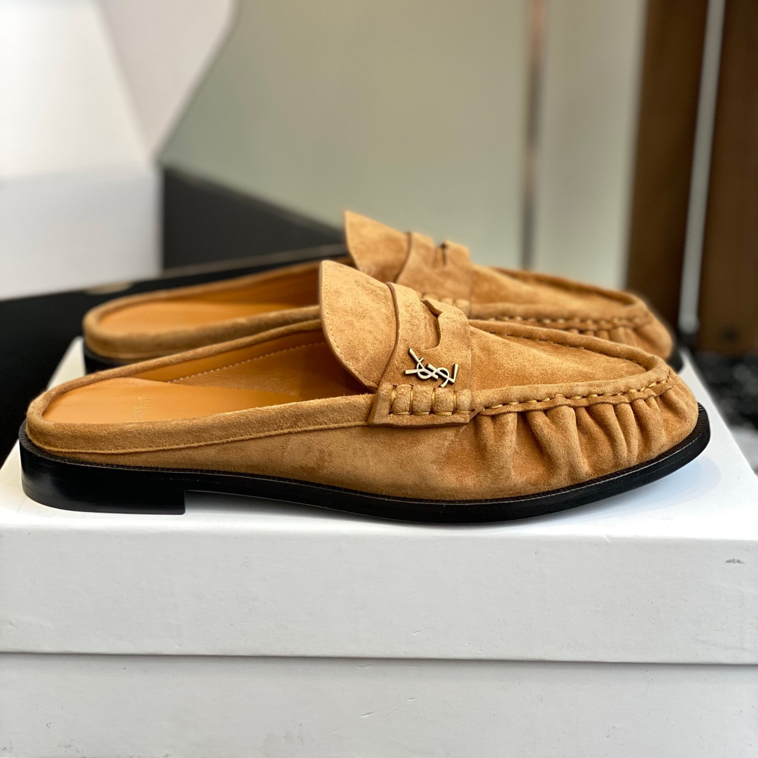 Saint Laurent LE LOAFER Women's Fashion Casual Round Toe Slip On Half Slip On Logo Leather Loafer Mule Shoes #78444