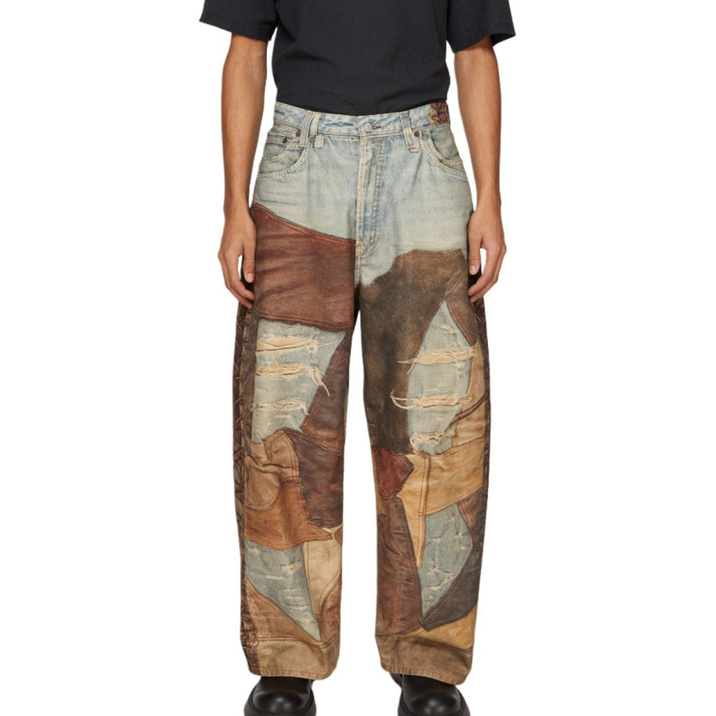 Acne Studios Men's Four Seasons Vintage Mud Dye Spliced Printed Loose Cotton Mid Waist Wide Leg Denim Pants Ngvp #8369