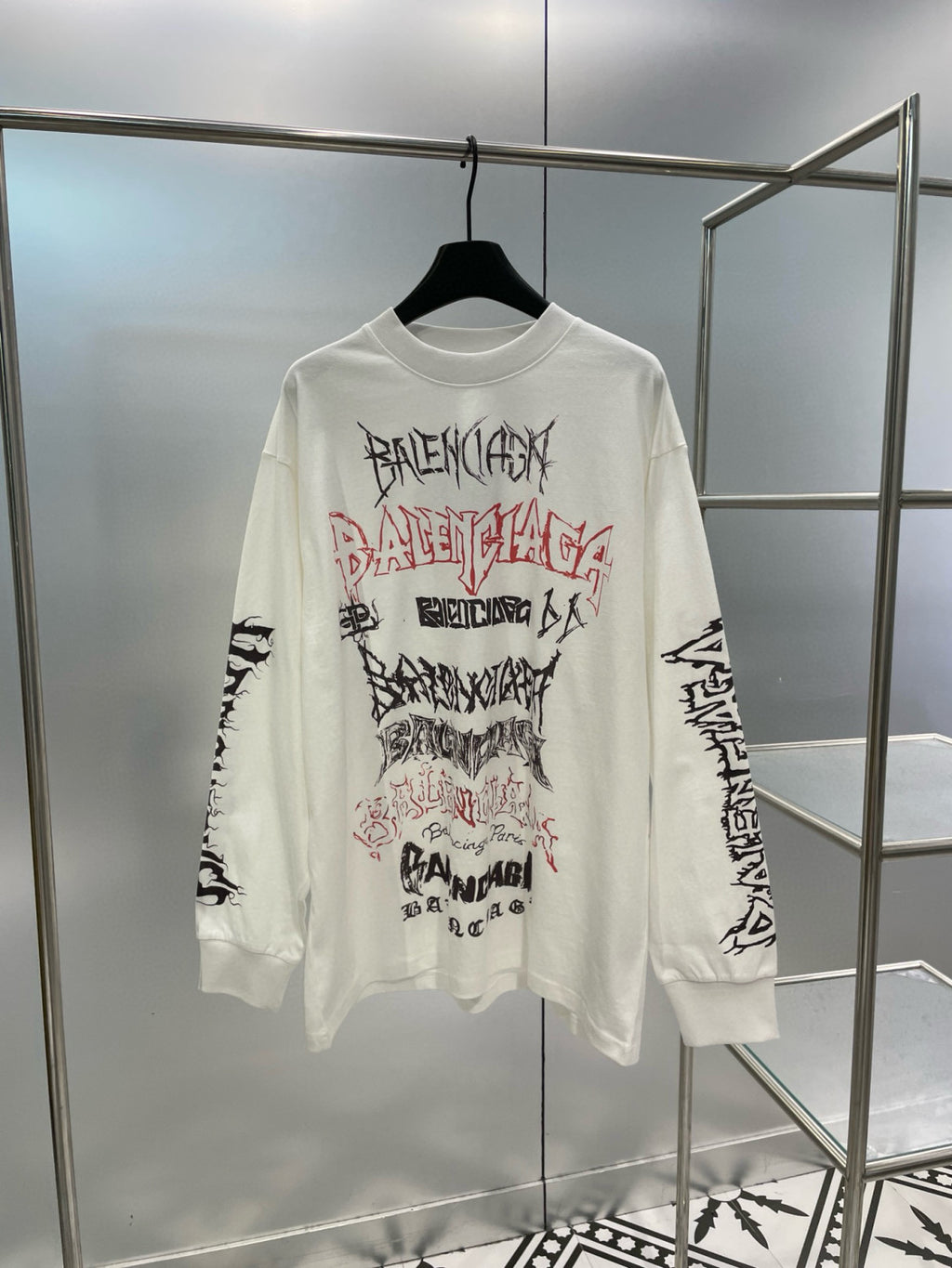 Balenciaga Men's And Women's Spring And Fall Retro Letter Silhouette Plain Knit Fabric Long Sleeve T-shirt Pullover #98139