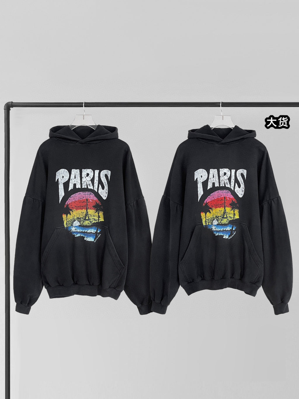Balenciaga Men's and Women's Alphabet Printed Pattern Loose Fit Long Sleeve Paris Tropical Round Hooded Sweatshirt Pullover #98195