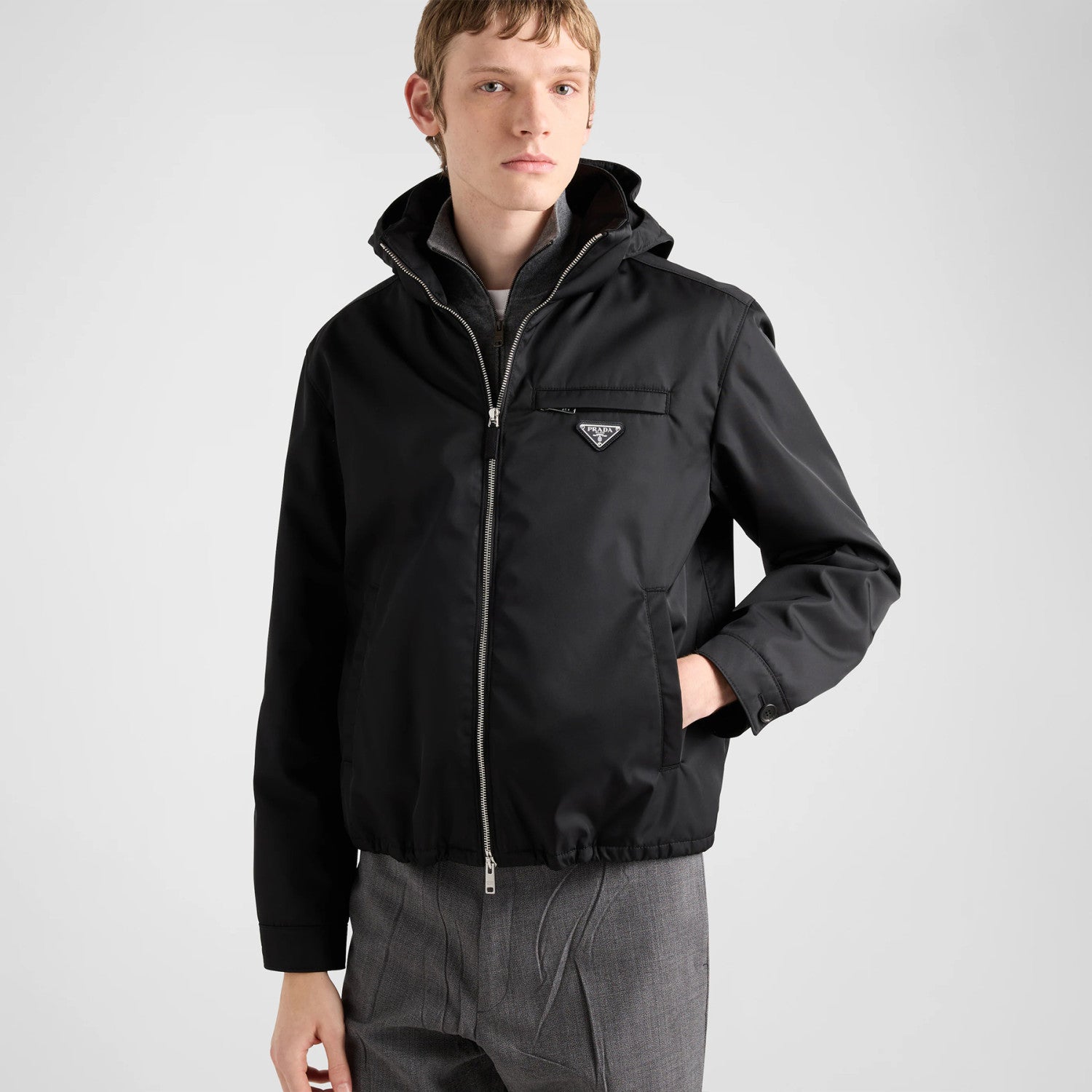 Prada Men's Fall And Winter Recycled Nylon Short Jacket Black Hooded Zipper Jacket Logo Pockets Fashion Trend Casual Jacket #81397