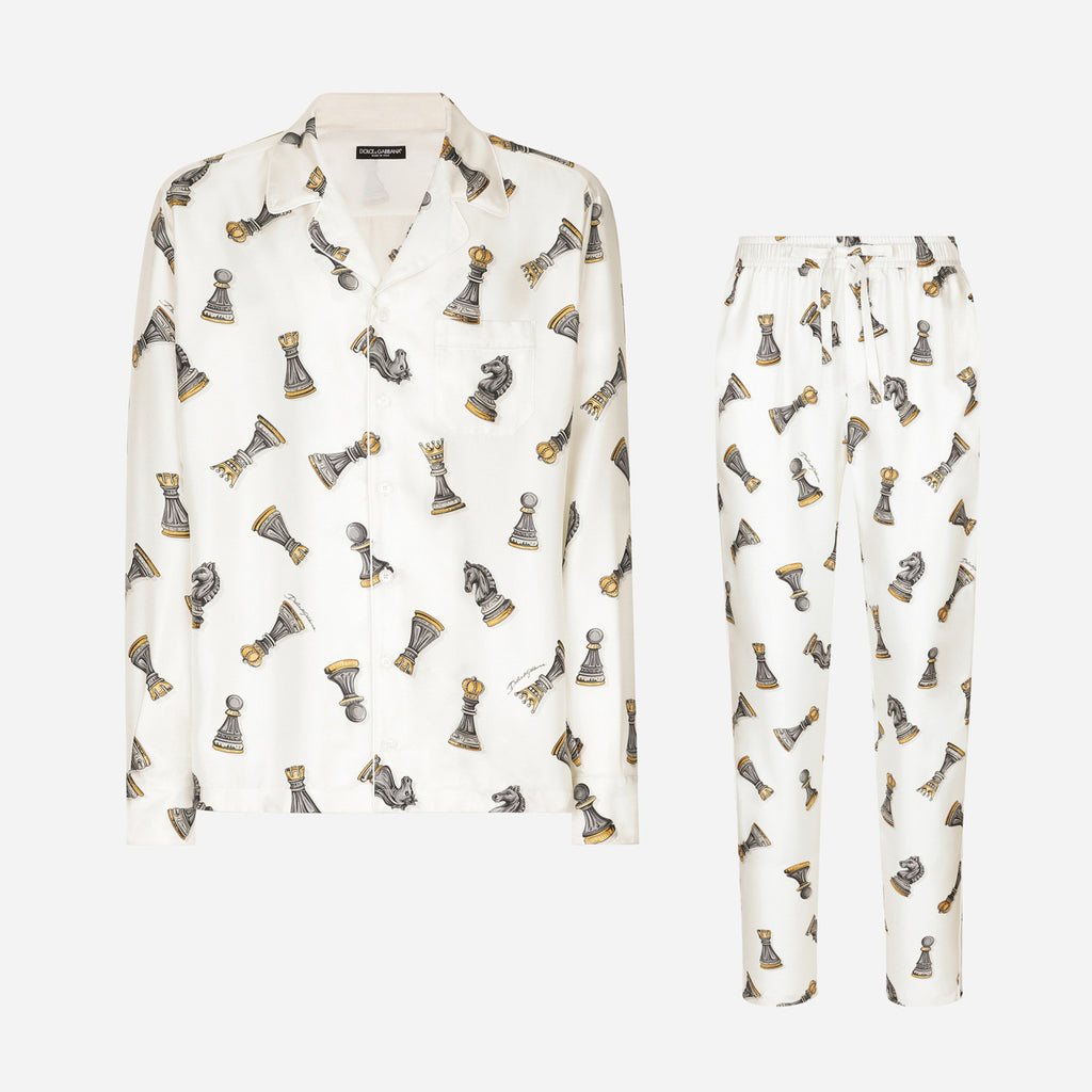 Dolce&Gabbana Men's And Women's Spring And Summer Chess Printing Single Breasted Long Sleeved Shirt Elastic Waist Tie Casual Pants Suit Set #75724