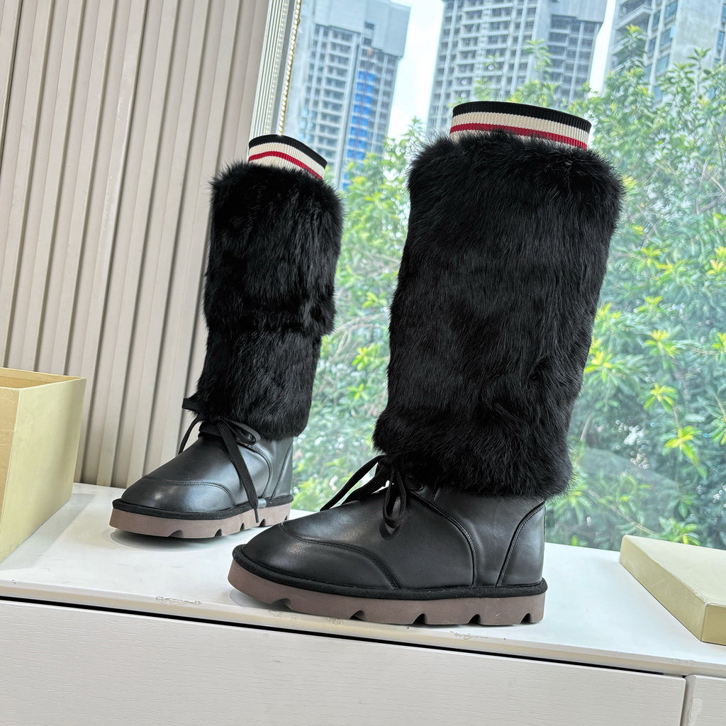 Brunello Cucinelli Women's Fall/Winter Suede Cowhide Rabbit Fur Round-Toe Zipper Lined Lamb Wool High-Top Boots Casual Solid-Color Snow Boots Shoes #81588